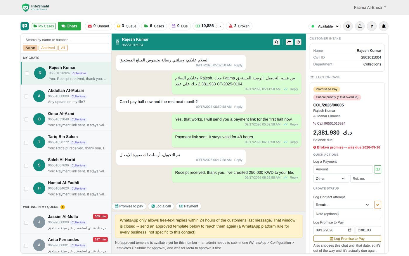 Arabic and English chat beside the case: KWD balance, priority, days overdue, broken-promise warning and one-tap payment link.